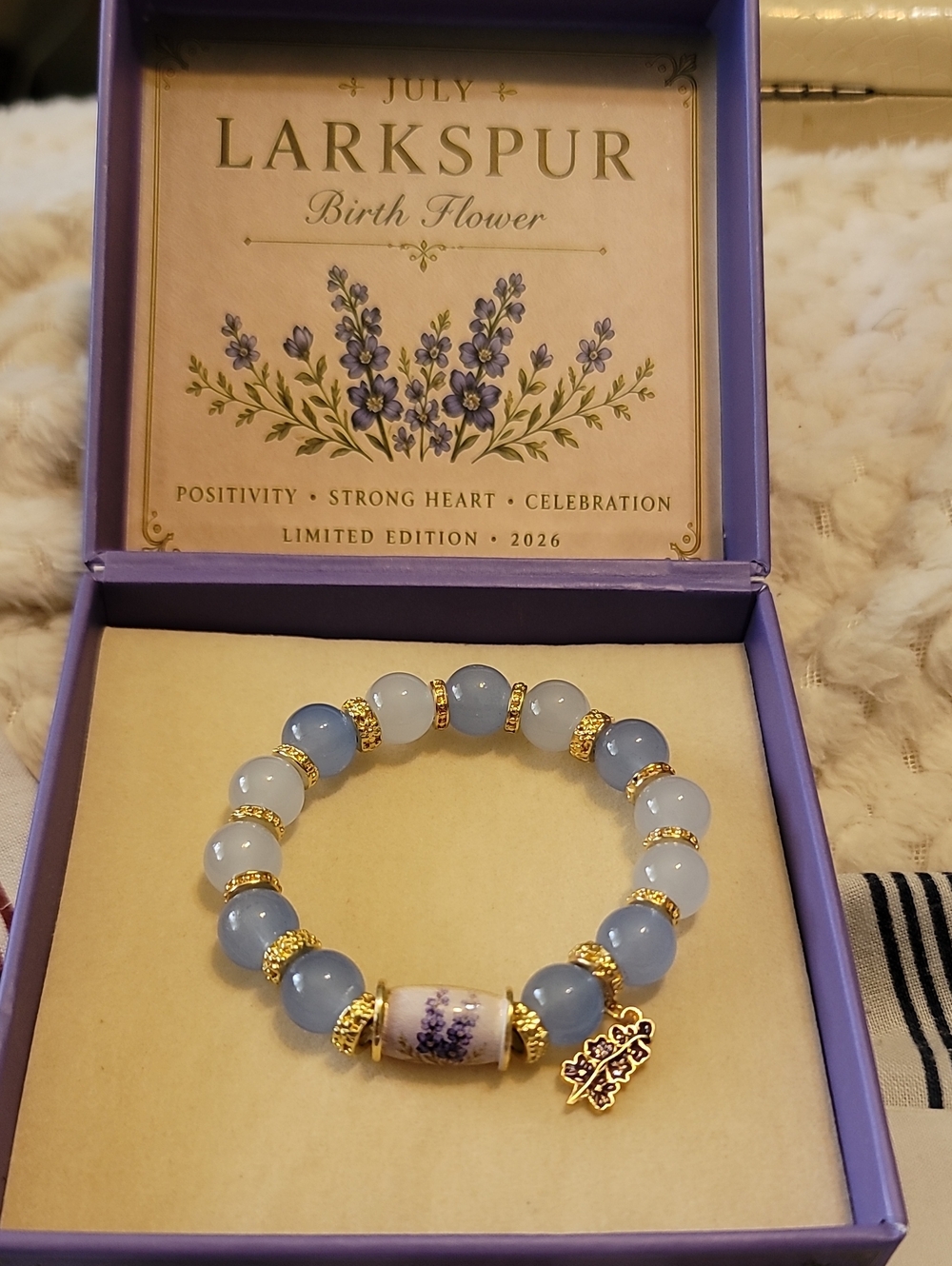 Larkspur Light Blue Bead Stretch Bracelet with Gold Accents  With Box